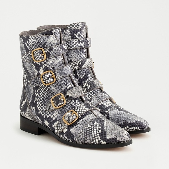 NWT J. Crew Multi-Buckle Snakeskin Leather Short Boot in Ivory Black